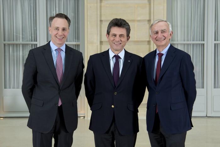 Thomas Buberl, Henri de Castries, Denis Duverne. AXA.