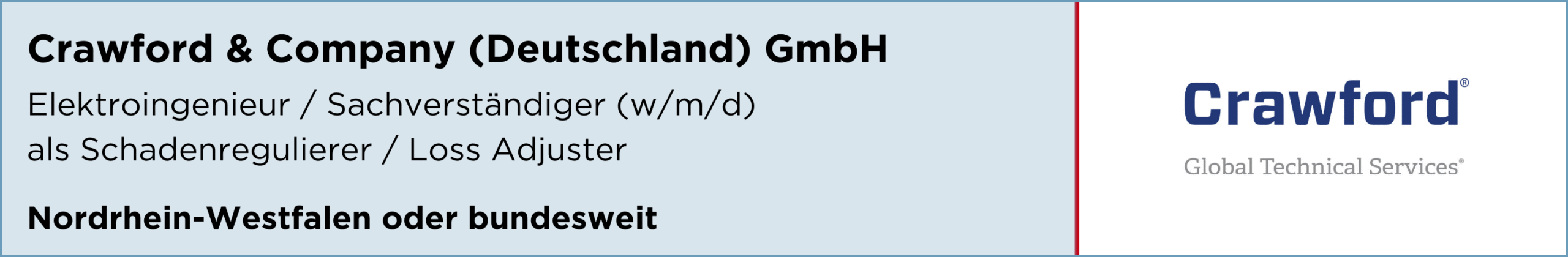 Crawford Company Deutschland GmbH, Elektroingenieur, Sachverständiger, Schadenregulierer, Loss, Adjuster, Nordrhein-Westfalen, bundesweit, stellenanzeige